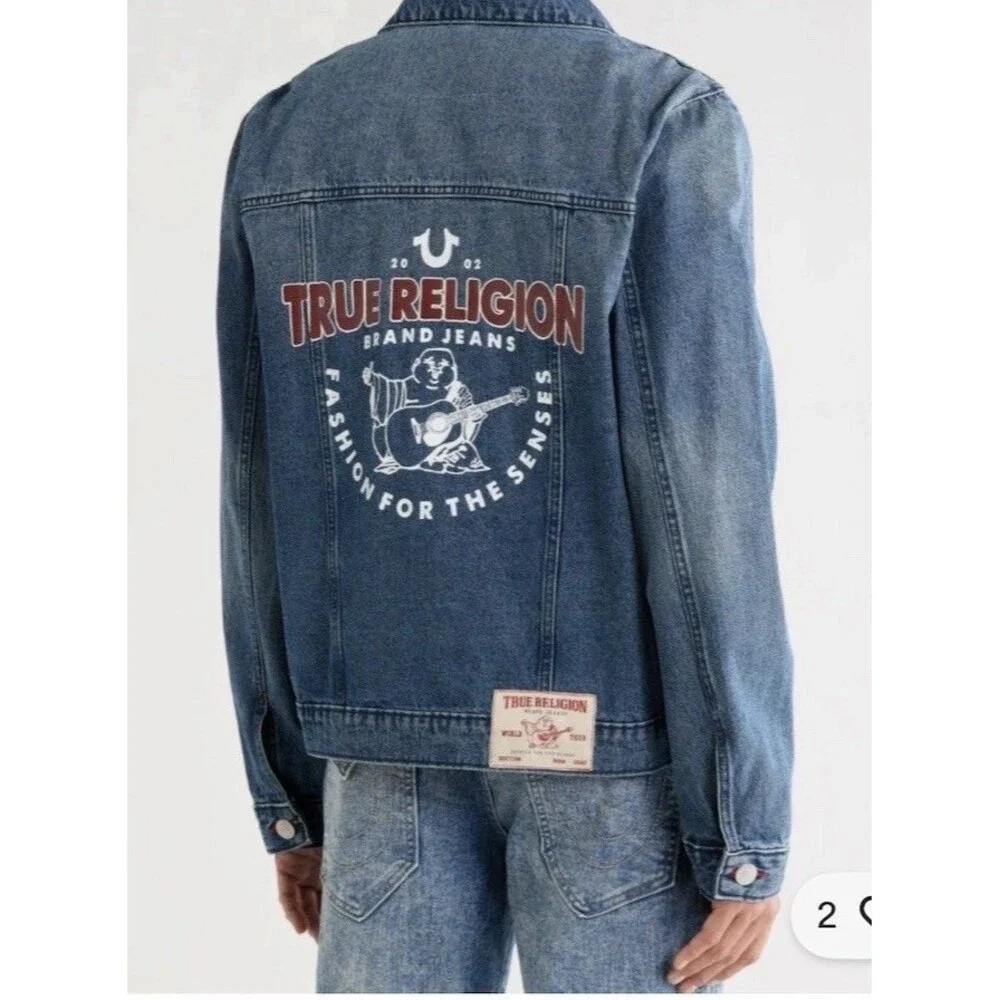 True Religion JESSE SN Patch Trucker Jacket Light Blue Denim LARGE -NWT!